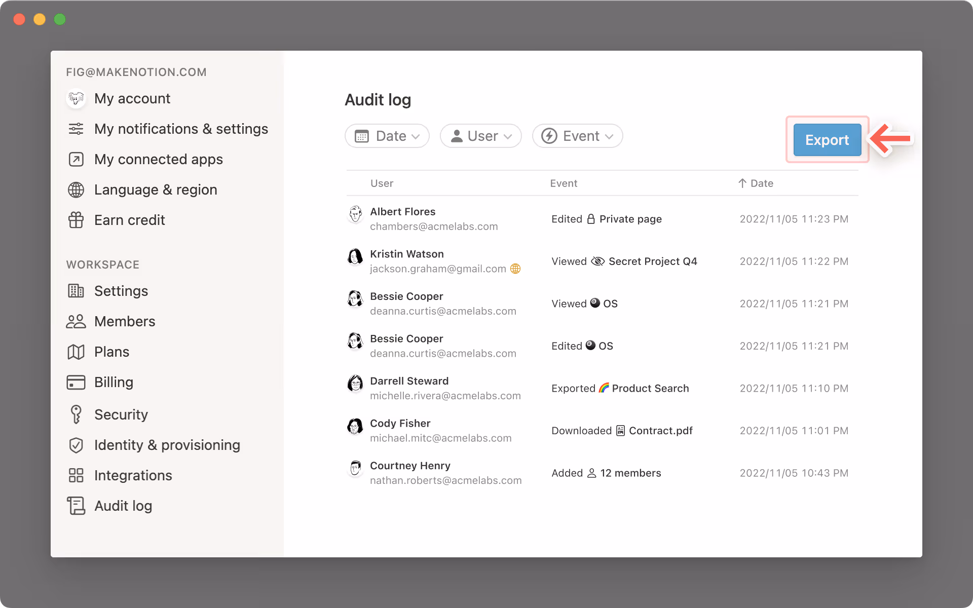 Exportación del registro de auditoría