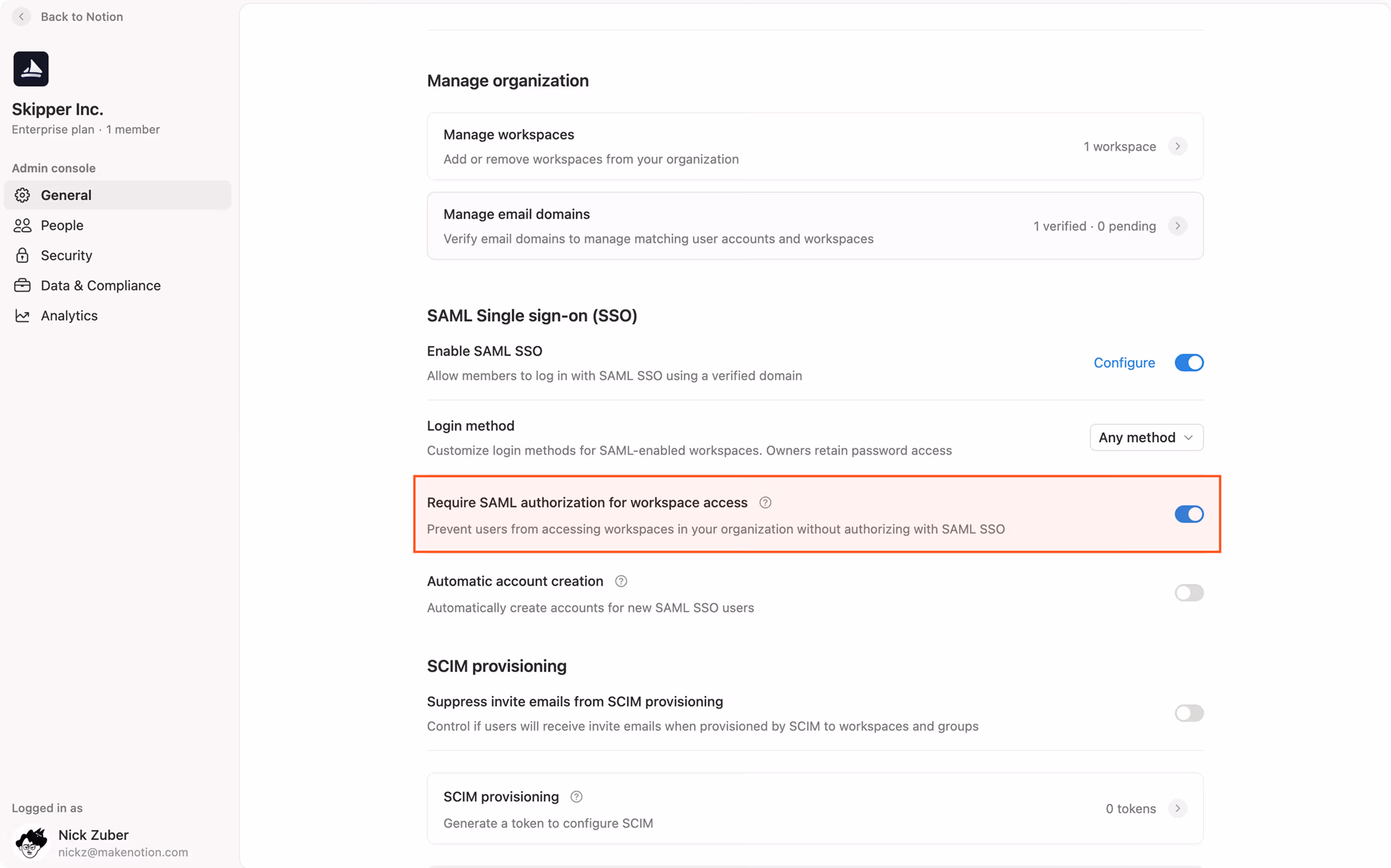 hc: workspace-level saml authorization setting