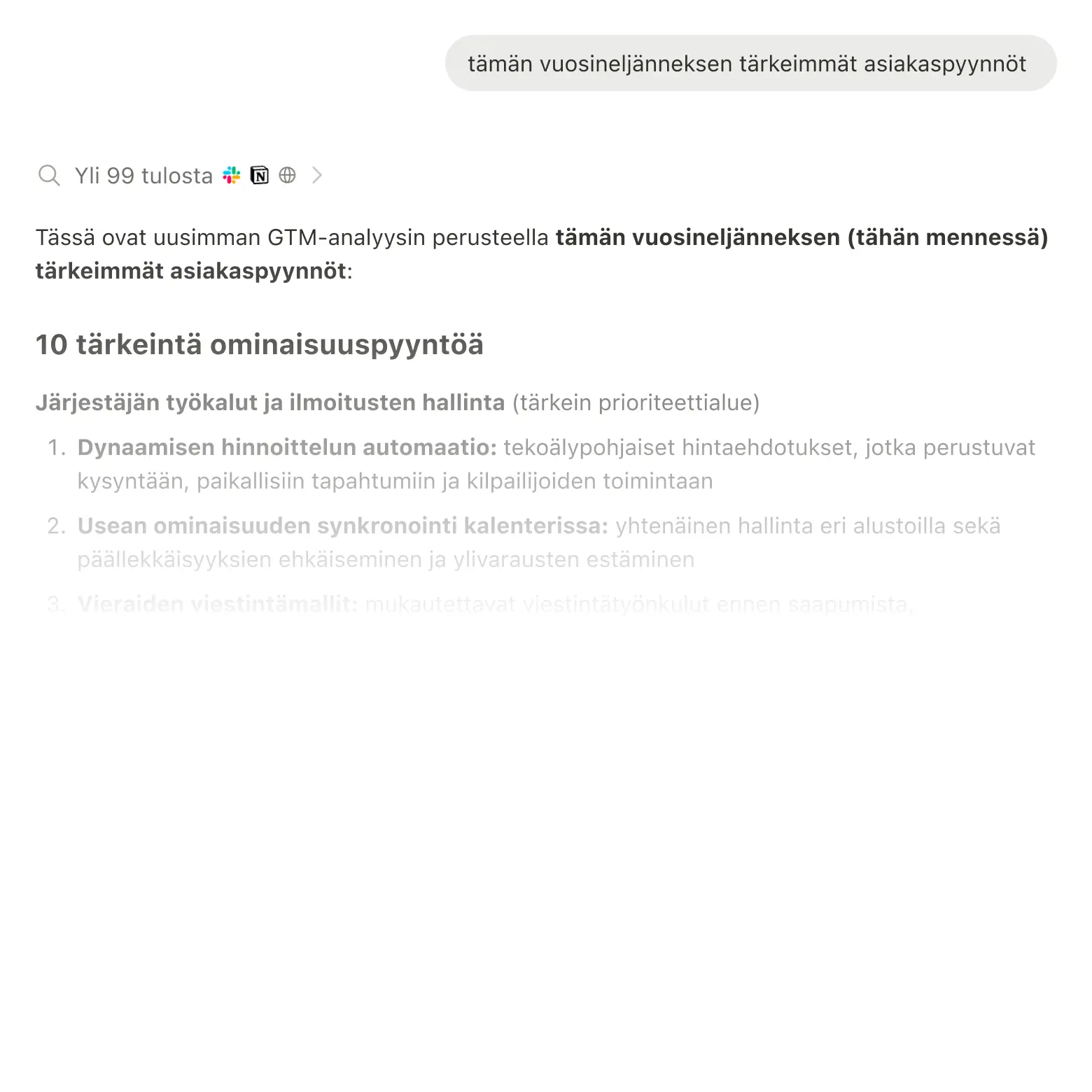Hakutuloksissa on tietoja Slackista, Google Drivesta ja Jirasta