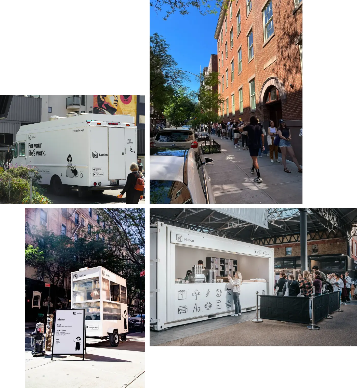 Clockwise from top left: Notion pop-up in San Francisco; lines at the pop-up in New York City; opening of Notion pop-up in London; mini coffee truck in New York City.