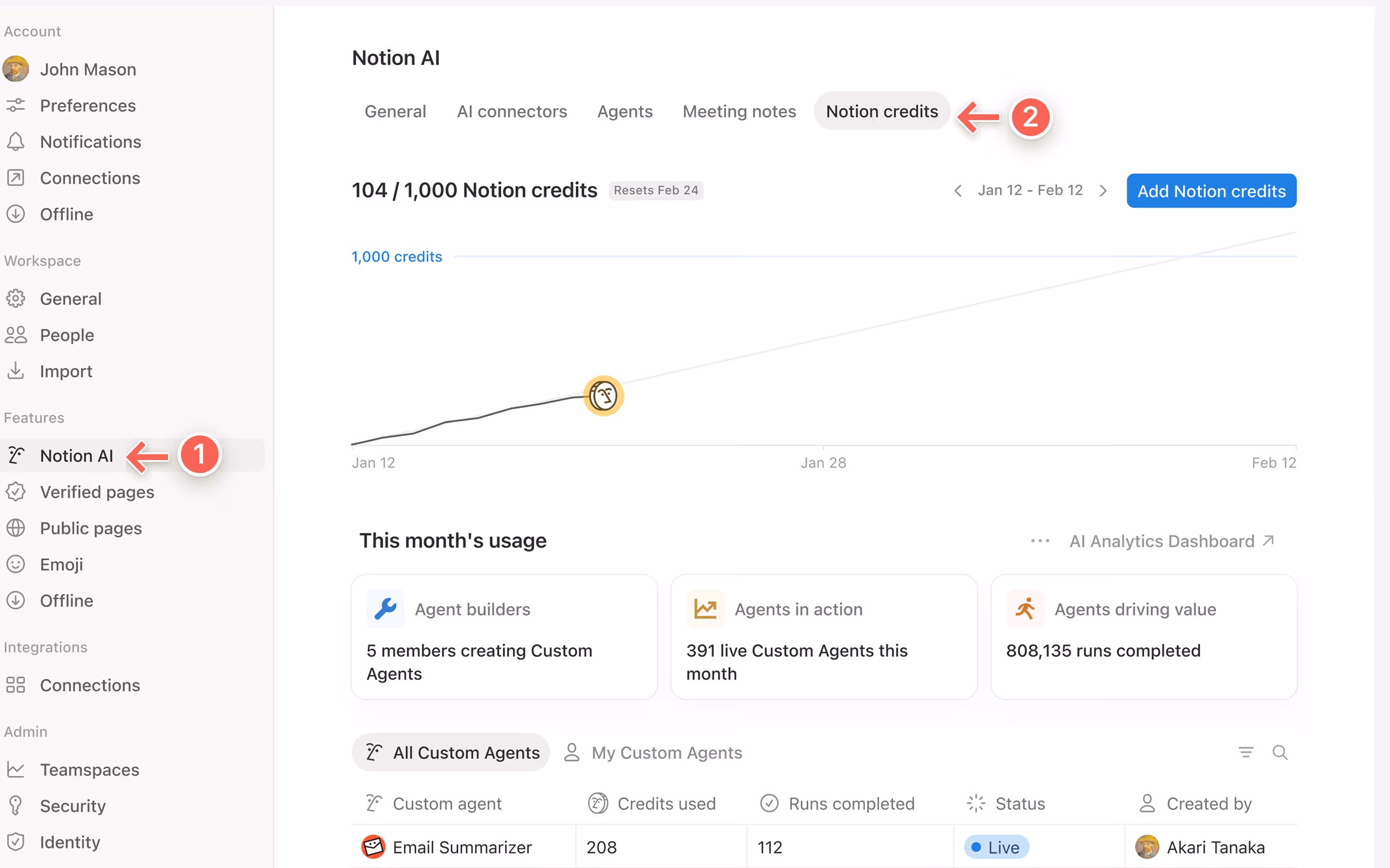 Das Dashboard für Notion-Guthaben findest du unter „Einstellungen → Notion-KI → Notion-Guthaben“.