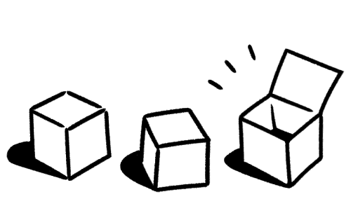 ภาพวาดลายเส้นขาวดำแบบเรียบง่ายของกล่องที่กำลังปิดอยู่สองกล่องและเปิดอยู่หนึ่งกล่อง